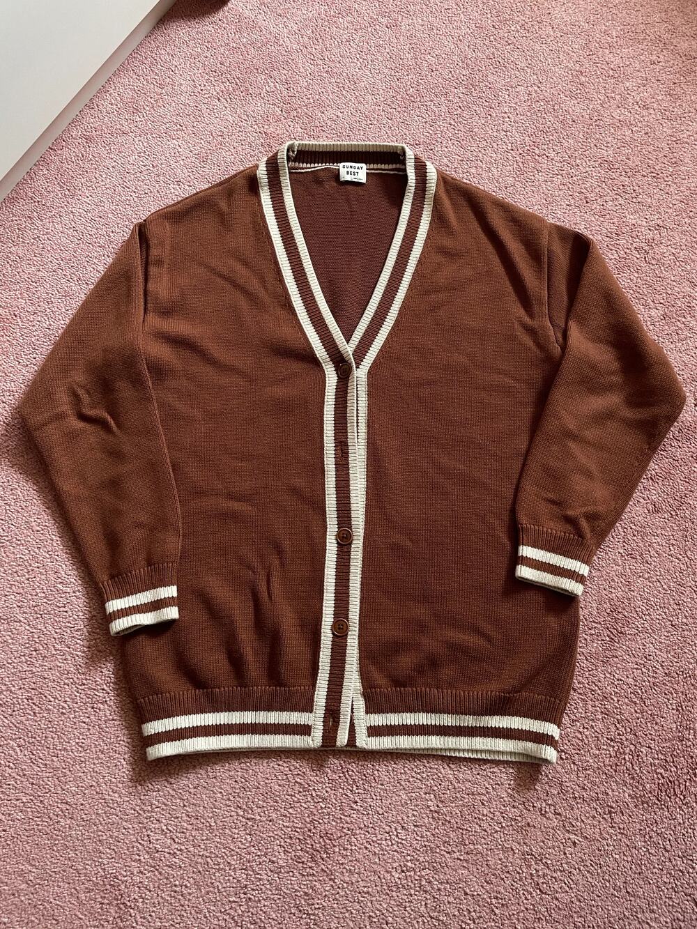 Sunday Best brown button-front cardigan with cream striped trim, size XS